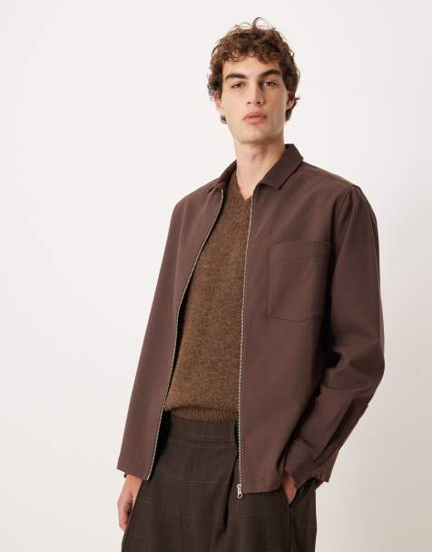 ASOS DESIGN relaxed zip through shirt in brown