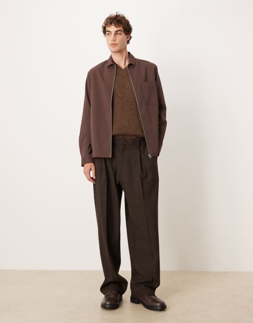 ASOS DESIGN relaxed zip through shirt in brown, 2 of 5