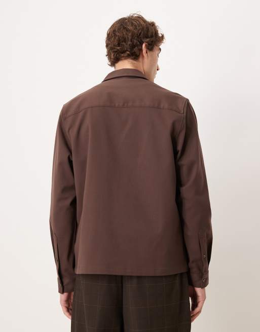 ASOS DESIGN relaxed zip through shirt in brown, 3 of 5