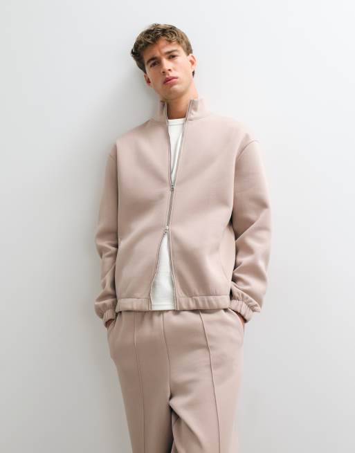 ASOS DESIGN co-ord relaxed zip through sweatshirt and jogger in scuba-style fabric in brown, 3 of 3