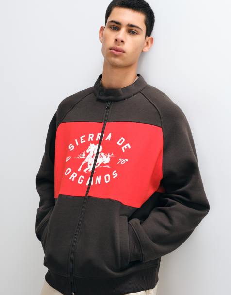 ASOS DESIGN relaxed zip through sweatshirt with extended collar, cut & sew and print detail in brown and red - view 1