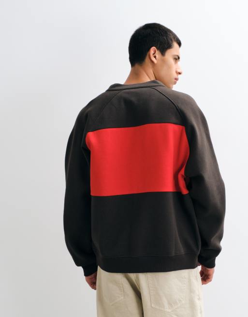 ASOS DESIGN relaxed zip through sweatshirt with extended collar, cut & sew and print detail in brown and red, 3 of 5