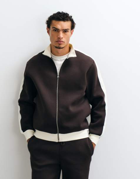ASOS DESIGN relaxed zip through track jacket in scuba-style fabric with pique panels in brown - view 1