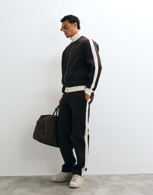 ASOS DESIGN relaxed zip through track jacket in scuba-style fabric with pique panels in brown, 3 of 5