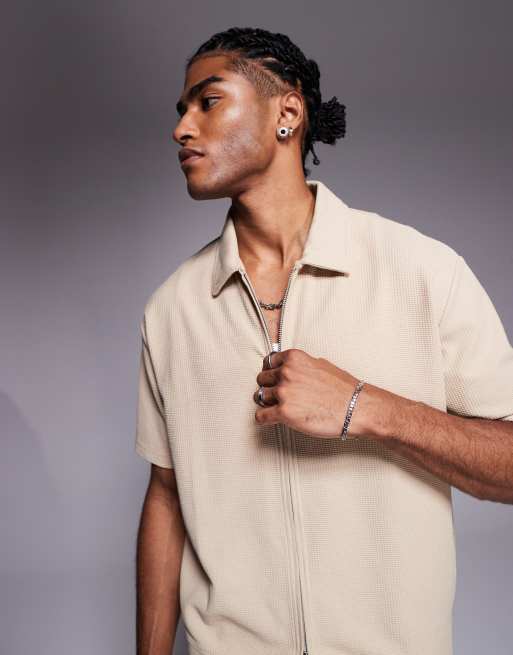 ASOS DESIGN relaxed zip through waffle polo in brown