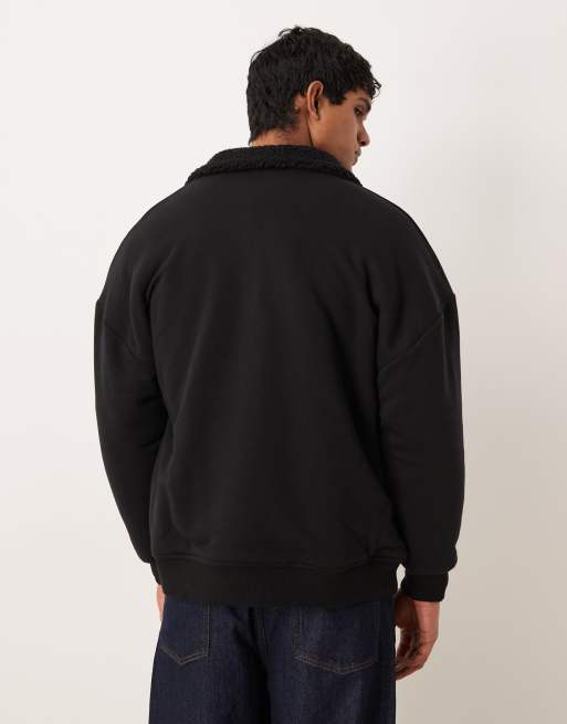 ASOS DESIGN relaxed zip-through with borg lining in black, 3 of 5