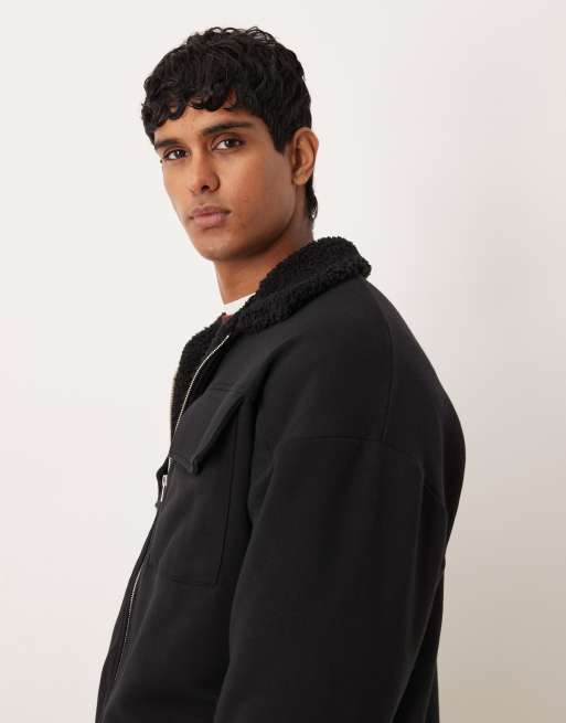 ASOS DESIGN relaxed zip-through with borg lining in black, 4 of 5