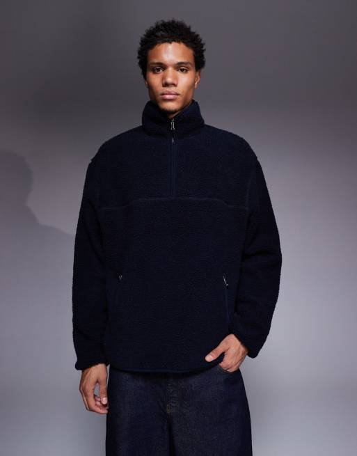 ASOS DESIGN relaxed zip up funnel neck borg sweatshirt in navy