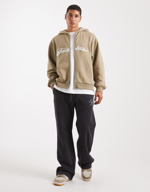 ASOS DESIGN relaxed zip up hoodie with embroidery print in beige, 2 of 5