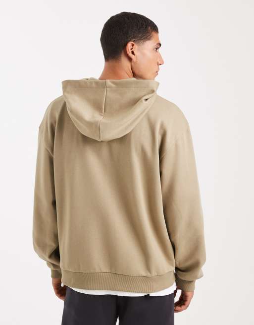 ASOS DESIGN relaxed zip up hoodie with embroidery print in beige, 3 of 5