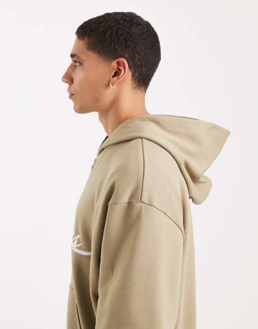 ASOS DESIGN relaxed zip up hoodie with embroidery print in beige, 4 of 5