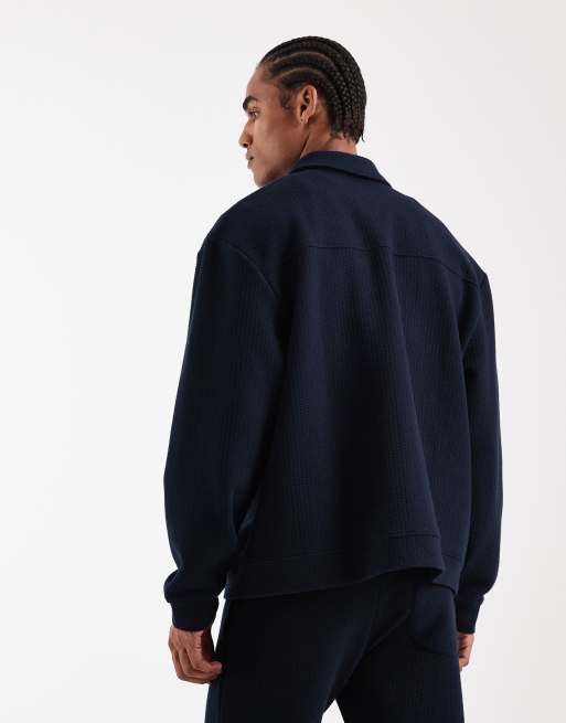 ASOS DESIGN relaxed zip up jacket in navy bubble herringbone, 3 of 5