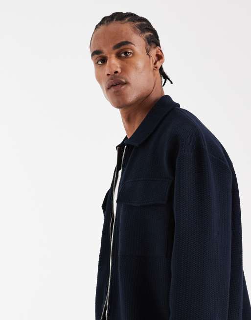 ASOS DESIGN relaxed zip up jacket in navy bubble herringbone, 4 of 5
