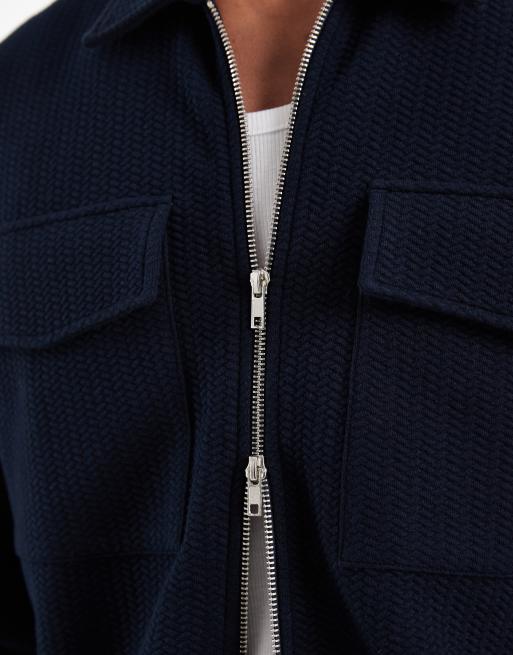 ASOS DESIGN relaxed zip up jacket in navy bubble herringbone, 5 of 5