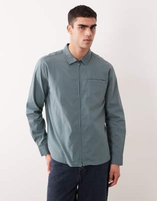 ASOS DESIGN relaxed zip up ribbed shirt in blue