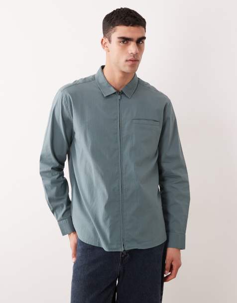 ASOS DESIGN relaxed zip up ribbed shirt in blue - view 1