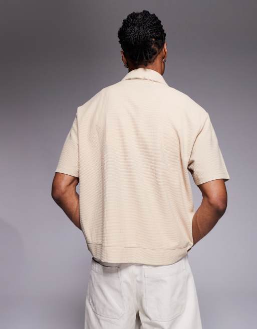 ASOS DESIGN relaxed zip up waffle knit polo shirt in brown