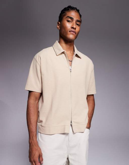 ASOS DESIGN relaxed zip up waffle knit polo shirt in brown