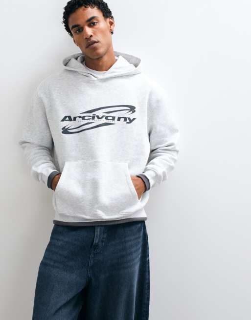 ASOS DESIGN relaxter Kapuzenpullover mit mehrlagigen Rippdetails und Pigmentdruck in eisgrau meliertem Poly-Baumwollmix, 2 von 5