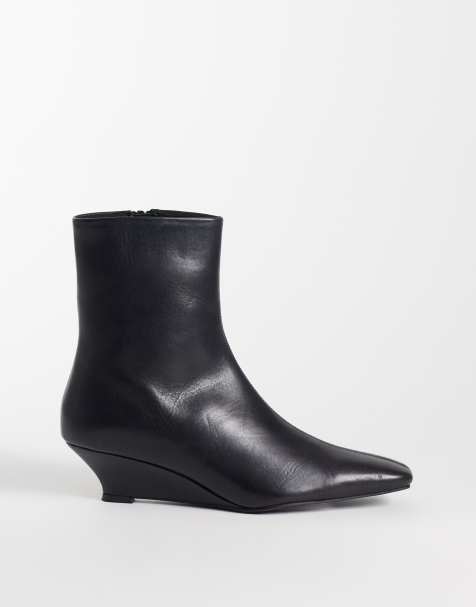 ASOS DESIGN Renata leather wedge smart ankle boots in black - view 1