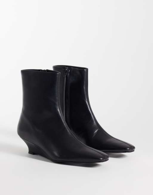 ASOS DESIGN Renata leather wedge smart ankle boots in black, 2 of 4