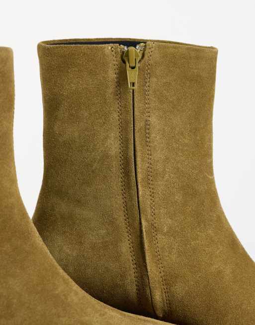ASOS DESIGN Renata Leder-Stiefeletten mit Keilabsatz in Olivwildleder, 4 von 4
