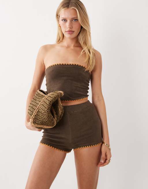 ASOS DESIGN - Renee - Chokoladebrun strandtop i frotté med bandeau-snit og kastesting - Del af sæt, 3 af 4