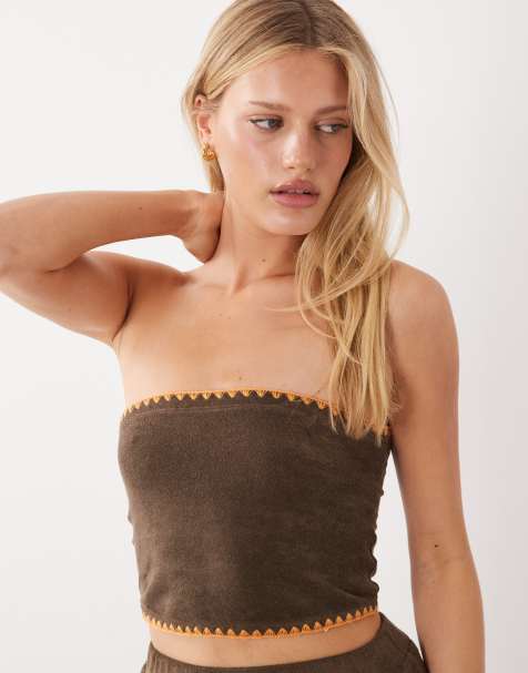 ASOS DESIGN Renee terrycloth whipstitch beach bandeau top in chocolate - part of a set - view 1