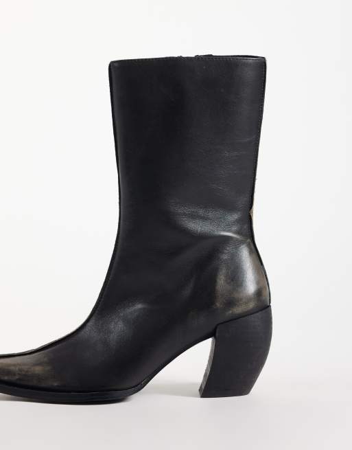 ASOS DESIGN Renzo premium leather extreme western boots in distressed black, 3 of 4