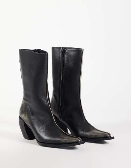 ASOS DESIGN Renzo premium leather extreme western boots in distressed black, 4 of 4