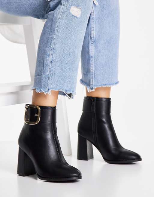 ASOS DESIGN Repeat block heel buckle boots in black