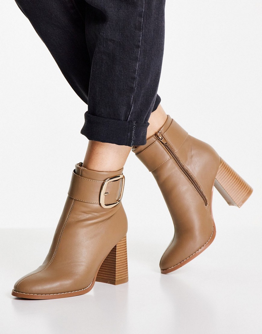 ASOS DESIGN Repeat block heel buckle boots in taupe-Neutral