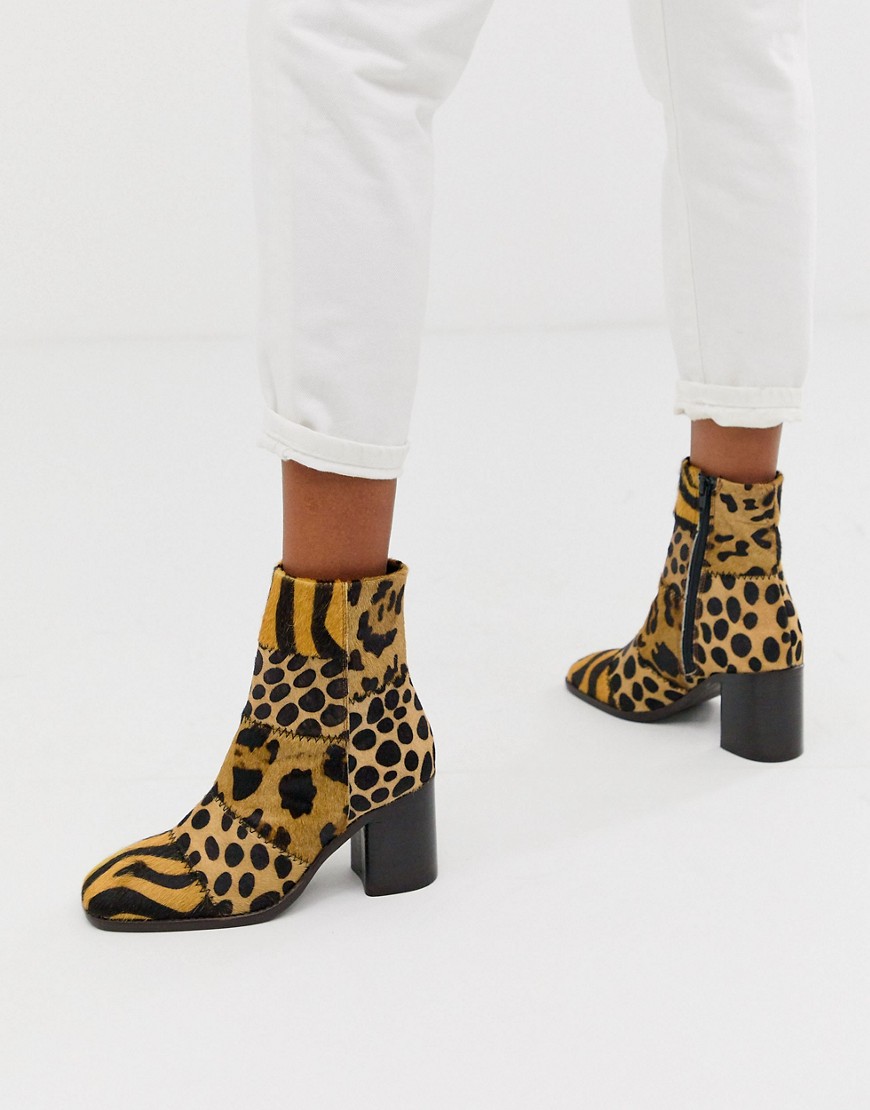 ASOS DESIGN Replace leather square toe boots in animal mix-Multi