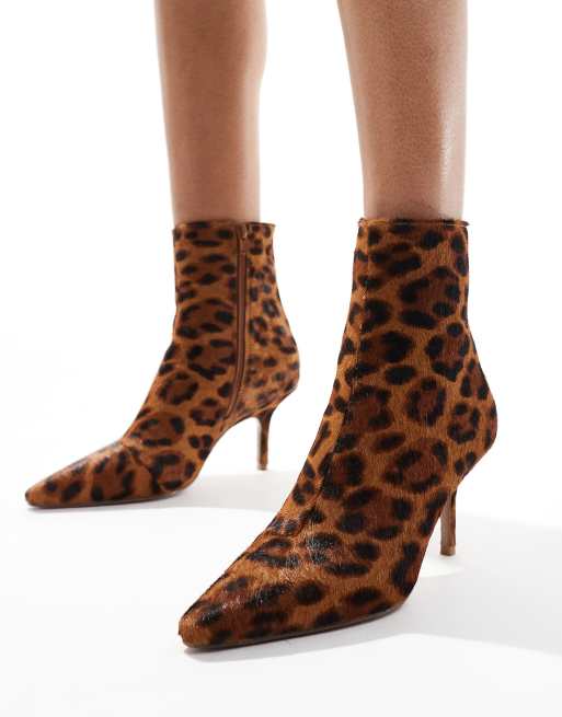 ASOS DESIGN Replay leather pointed toe mid heel boots in leopard pony ASOS