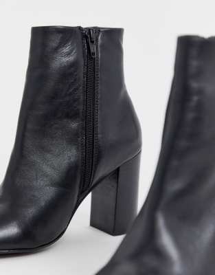 black leather block heel booties