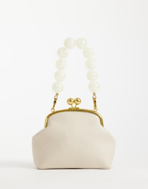 ASOS DESIGN resin ball handle frame clutch bag in stone - view 1