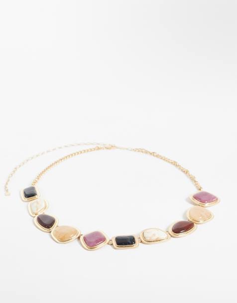 ASOS DESIGN resin stone set belt in gold tone - view 1