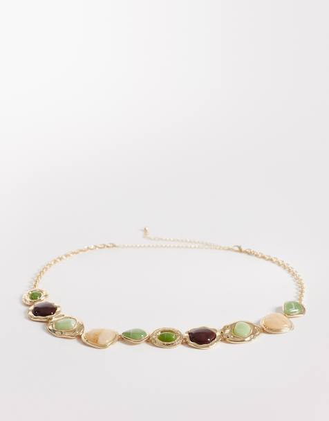 ASOS DESIGN resin stone set chain belt in gold - view 1