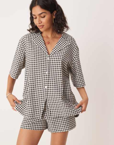 ASOS DESIGN - Resort-skjorte med reverskrave og monokrome gingham-tern - view 1