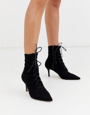 black lace up kitten heel boots