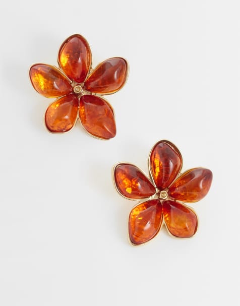 ASOS DESIGN ørestikker med blomsterdesign i ravfarvet resin - view 1