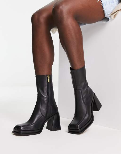 LEATHER MID HEEL BOOTS - Black