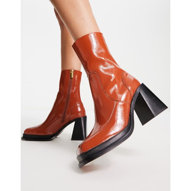 ASOS DESIGN Restore leather mid-heel boots in tan patent