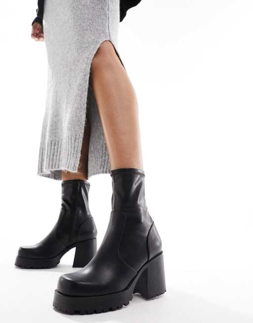 ASOS DESIGN Retreat mid heeled sock boots in black