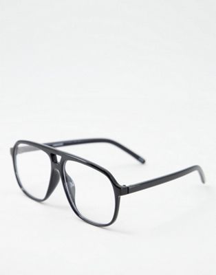 ASOS DESIGN retro aviator fashion glasses with black matte frame and clear lens