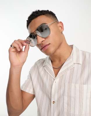 Asos Design Retro Aviator Sunglasses In Silver With Mirror Lens