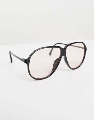 ASOS DESIGN retro aviator sunglasses with black matte frame and pink lens