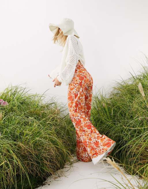 Psychedelic Tall Orange Floral Flared Trousers