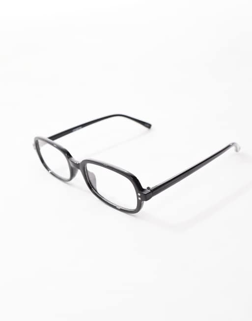 ASOS DESIGN retro frame square sunglasses with clear blue light lens in black, 2 of 3