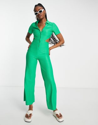 ASOS DESIGN Retro Jumpsuit aus geripptem Jersey in Grun mit Kragen ASOS